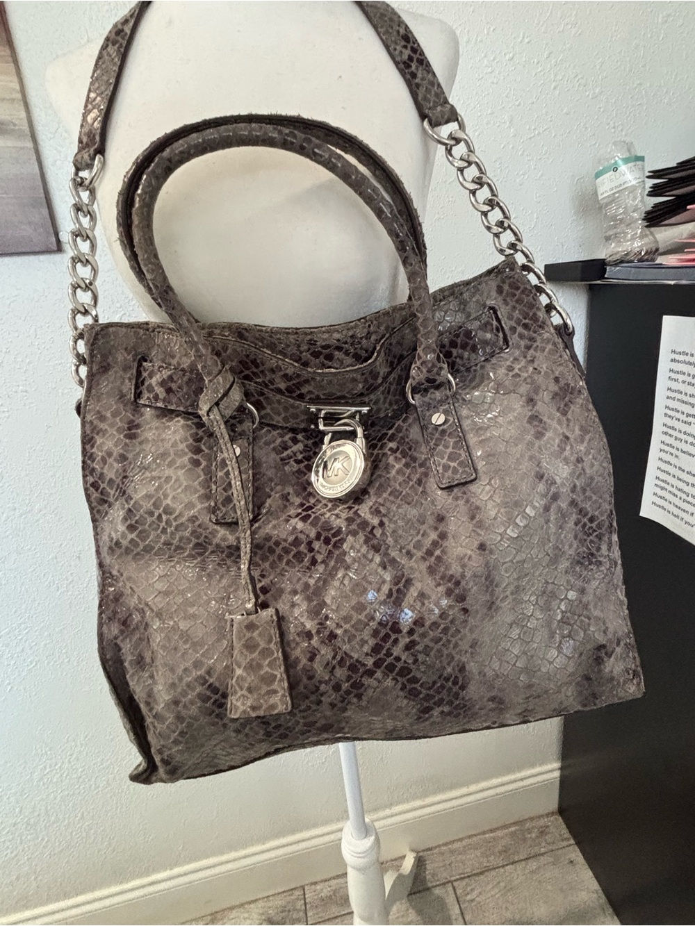 Authentic Michael Kors Gray Snakeskin-Embossed Satchel with Silver Hardware - Picture 9 of 11